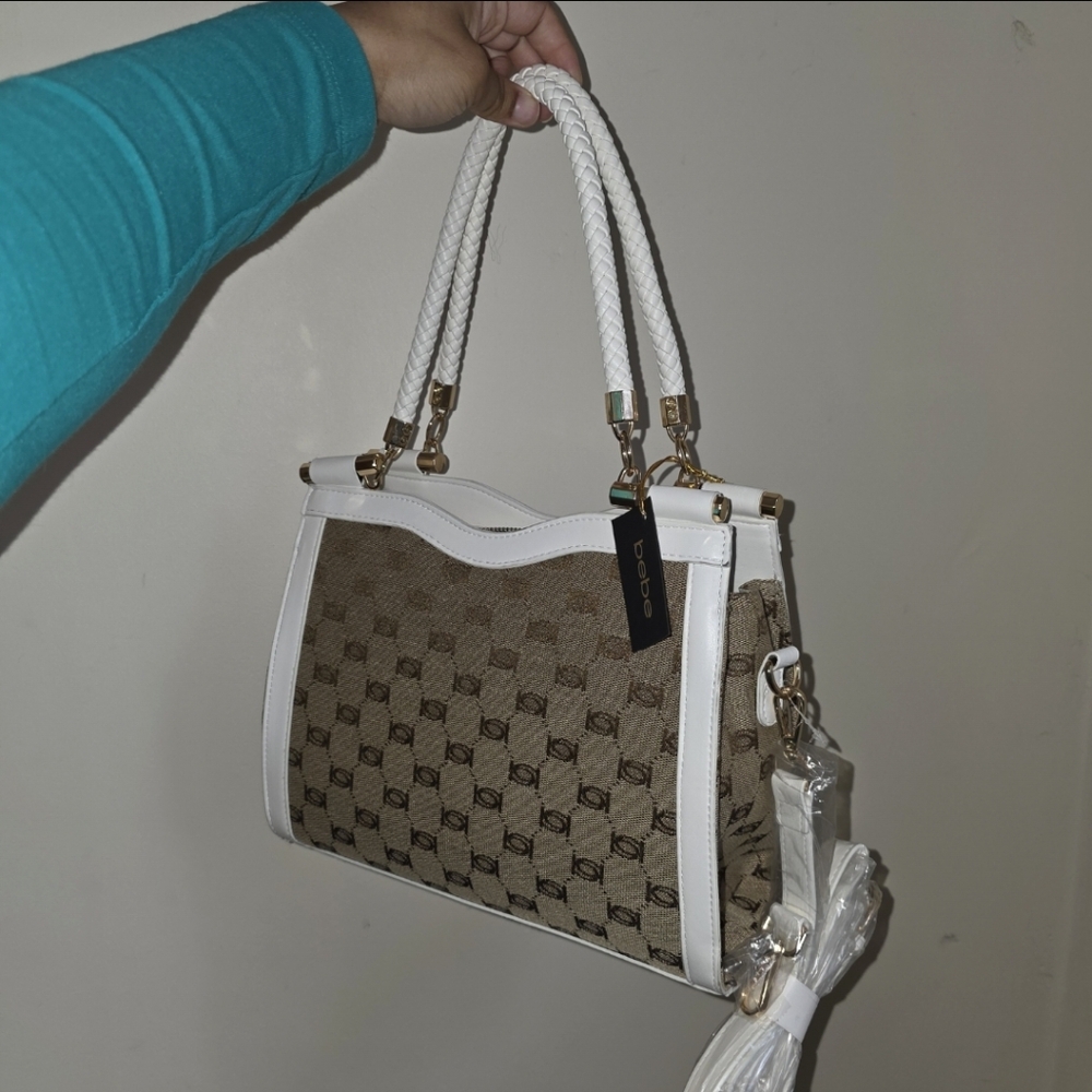 ☆BEBE AGATHE JACQUARD CRYSTAL SATCHEL White & Gold Bronze Tote Bag☆ - Picture 3 of 7